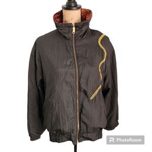 Vintage Reversible Windbreaker Womens SZ Large Velvet Gold Applique Retro 80s